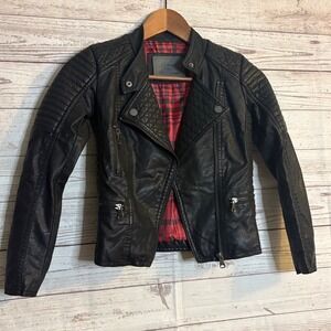 Ci Sono Kids Black Faux Leather Moto Jacket Red Plaid Lined Zip Pockets Size 8